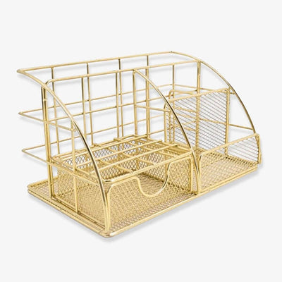Organisateur De Bureau Métal Doré - Compartiments Pour Courrier, Dossiers, Rangement